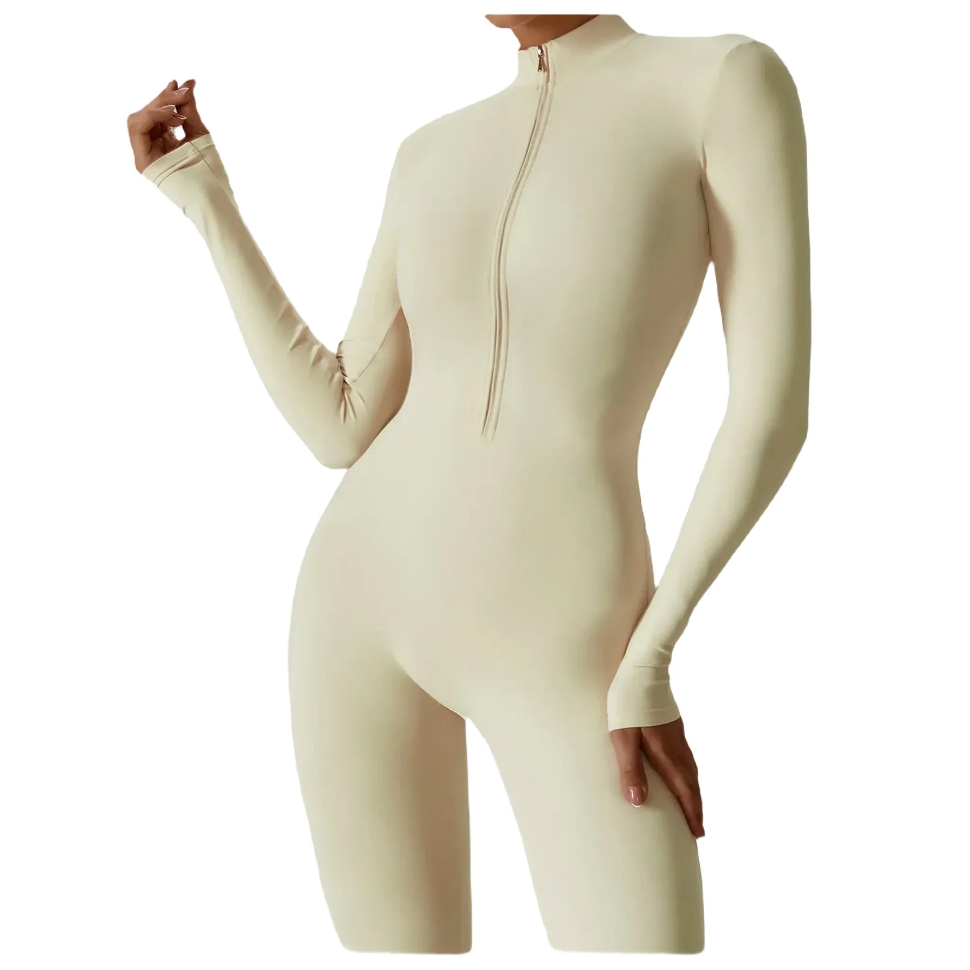 Xooie Fit women's zippered workout jumpsuit in cream, perfect for activewear and fitness routines close up2