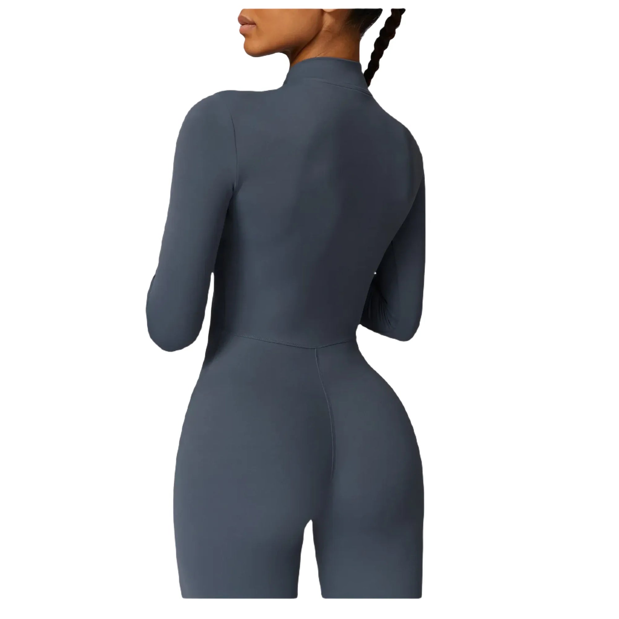 Xooie Fit women's zippered workout jumpsuit in dark grey, perfect for activewear and fitness routines back 2