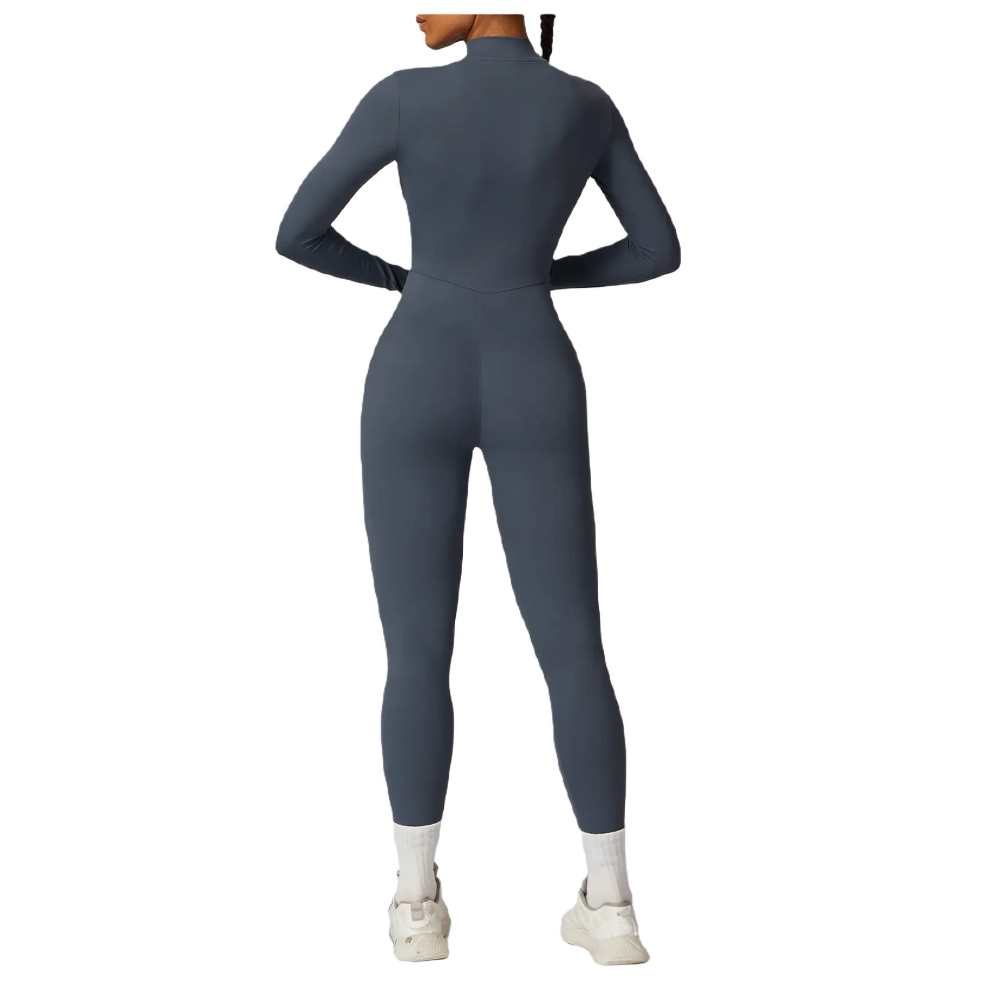 Xooie Fit women's zippered workout jumpsuit in dark grey, perfect for activewear and fitness routines back