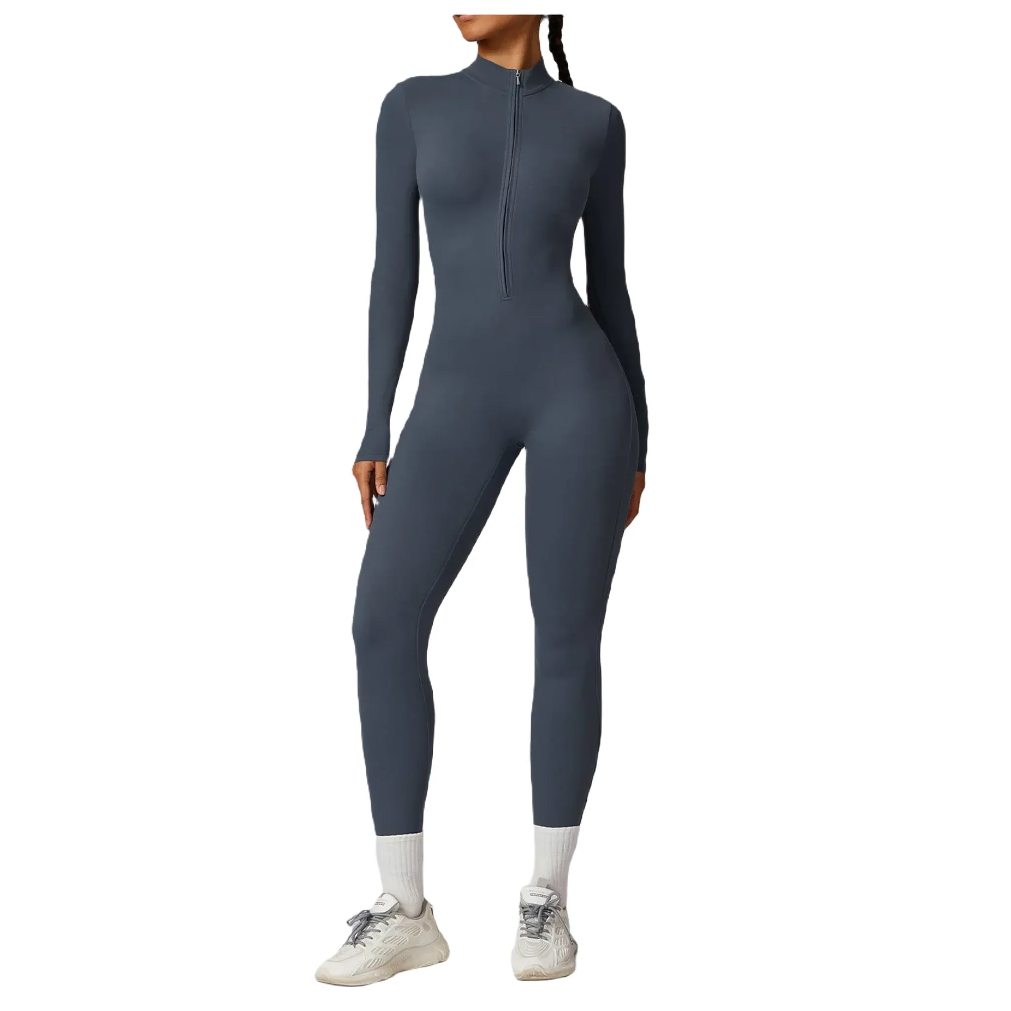 Xooie Fit women's zippered workout jumpsuit in dark grey, perfect for activewear and fitness routines
