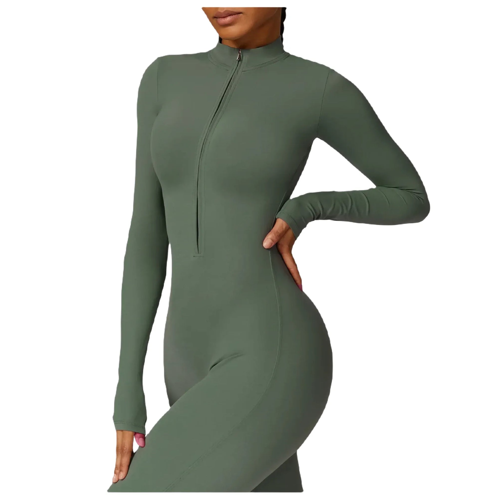Xooie Fit women's zippered workout jumpsuit in green, perfect for activewear and fitness routines side