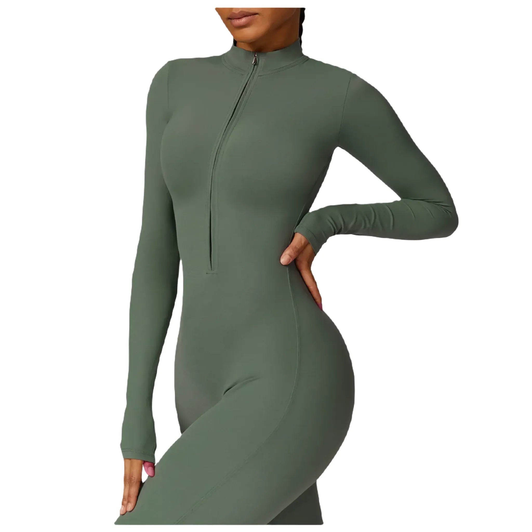 Xooie Fit women's zippered workout jumpsuit in green, perfect for activewear and fitness routines side