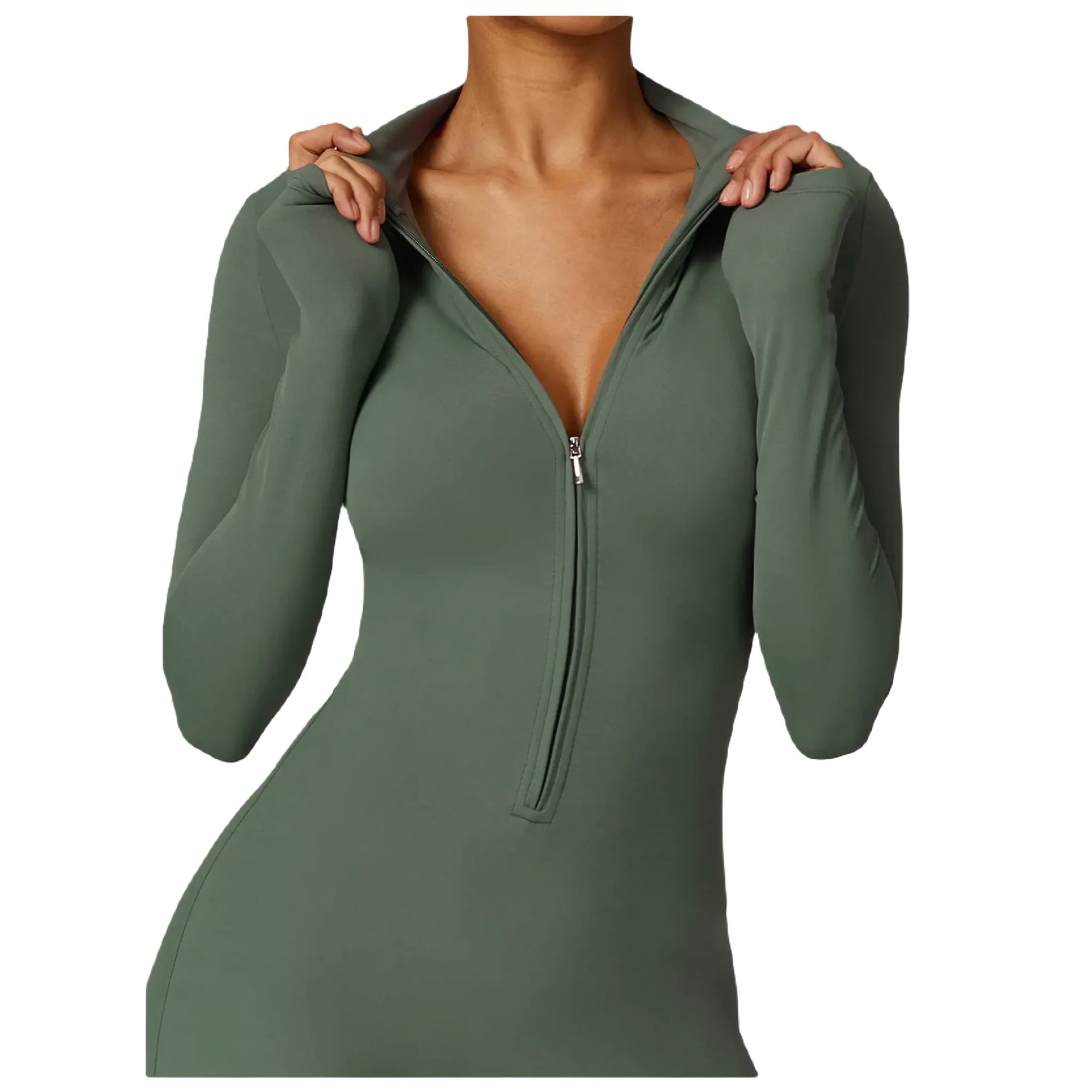 Xooie Fit women's zippered workout jumpsuit in green, perfect for activewear and fitness routines close up