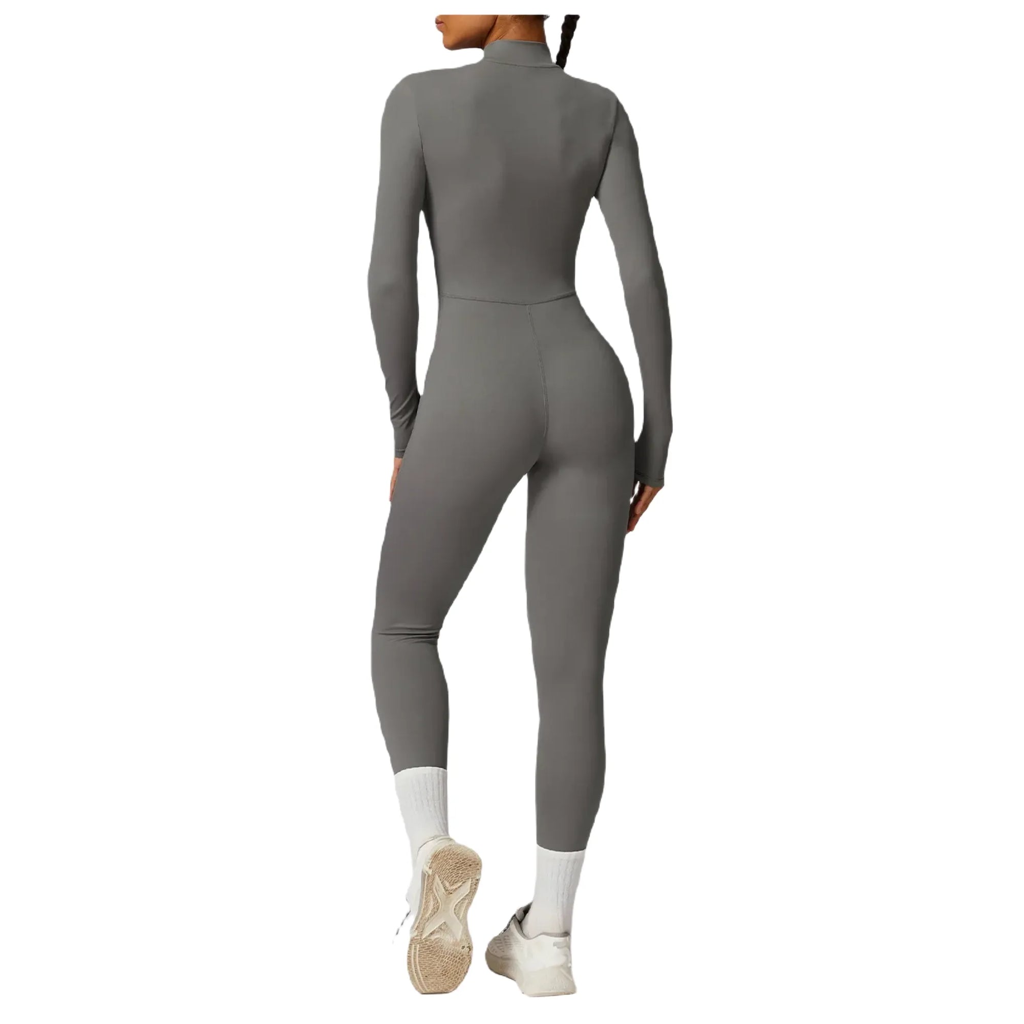 Women's zippered workout jumpsuit in gray with long sleeves for versatile gym performance