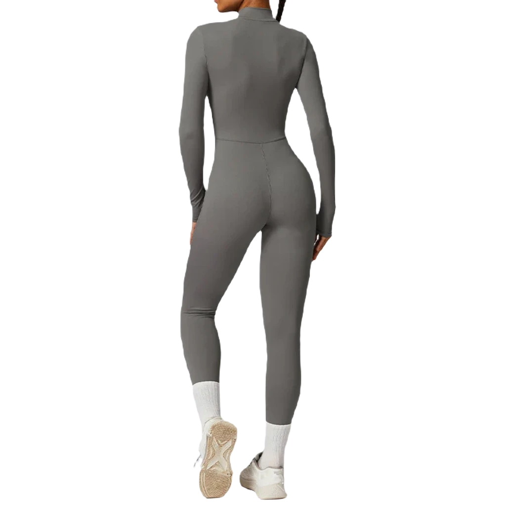 Stylish women's zippered workout jumpsuit in gray, perfect for active fitness sessions