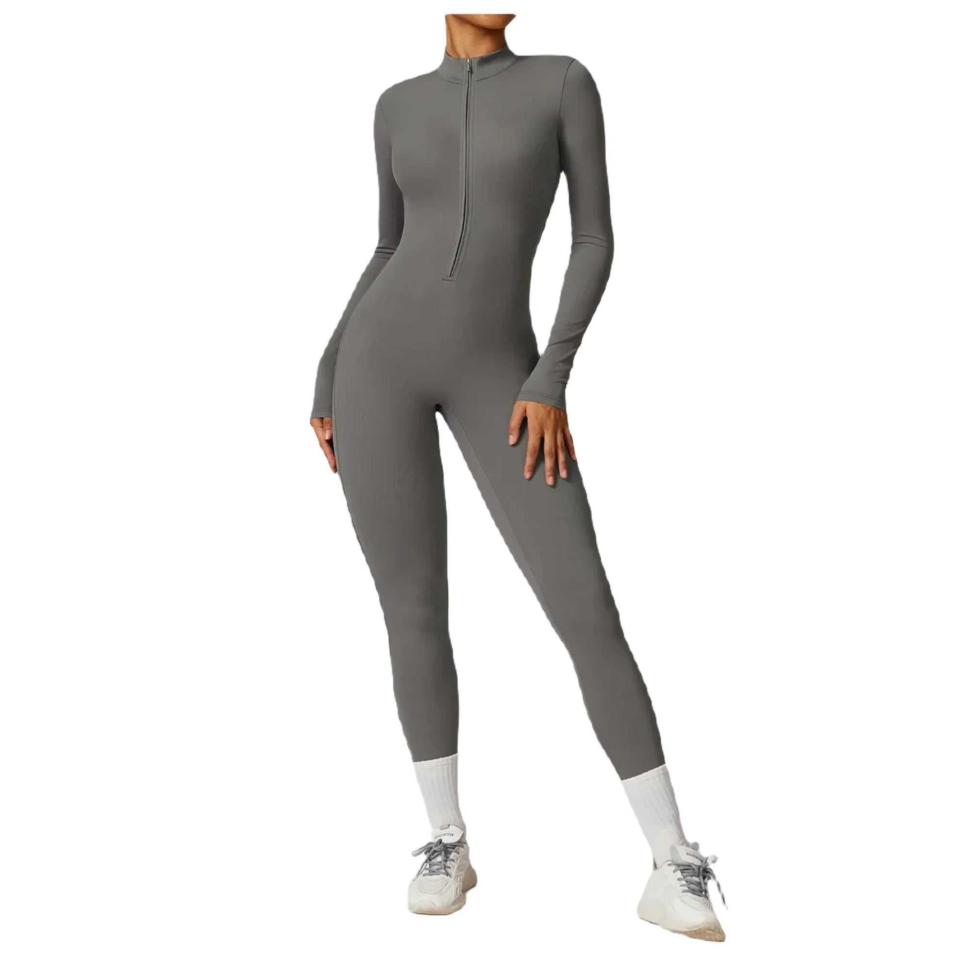 Xooie Fit women's zippered workout jumpsuit in gray for active and comfortable workouts