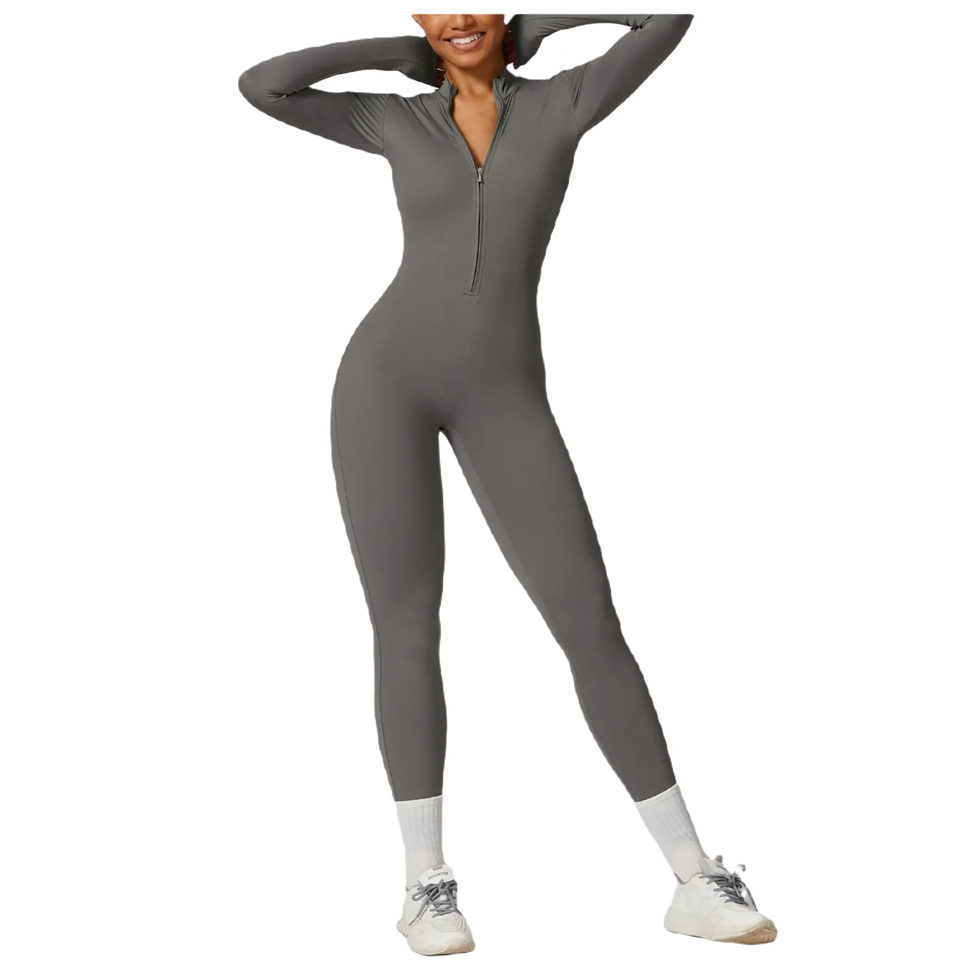 Xooie Fit women's zippered workout jumpsuit in grey, perfect for activewear and fitness routines