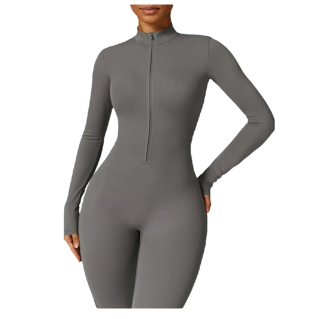 Xooie Fit women's zippered workout jumpsuit in gray with long sleeves and a fitted design