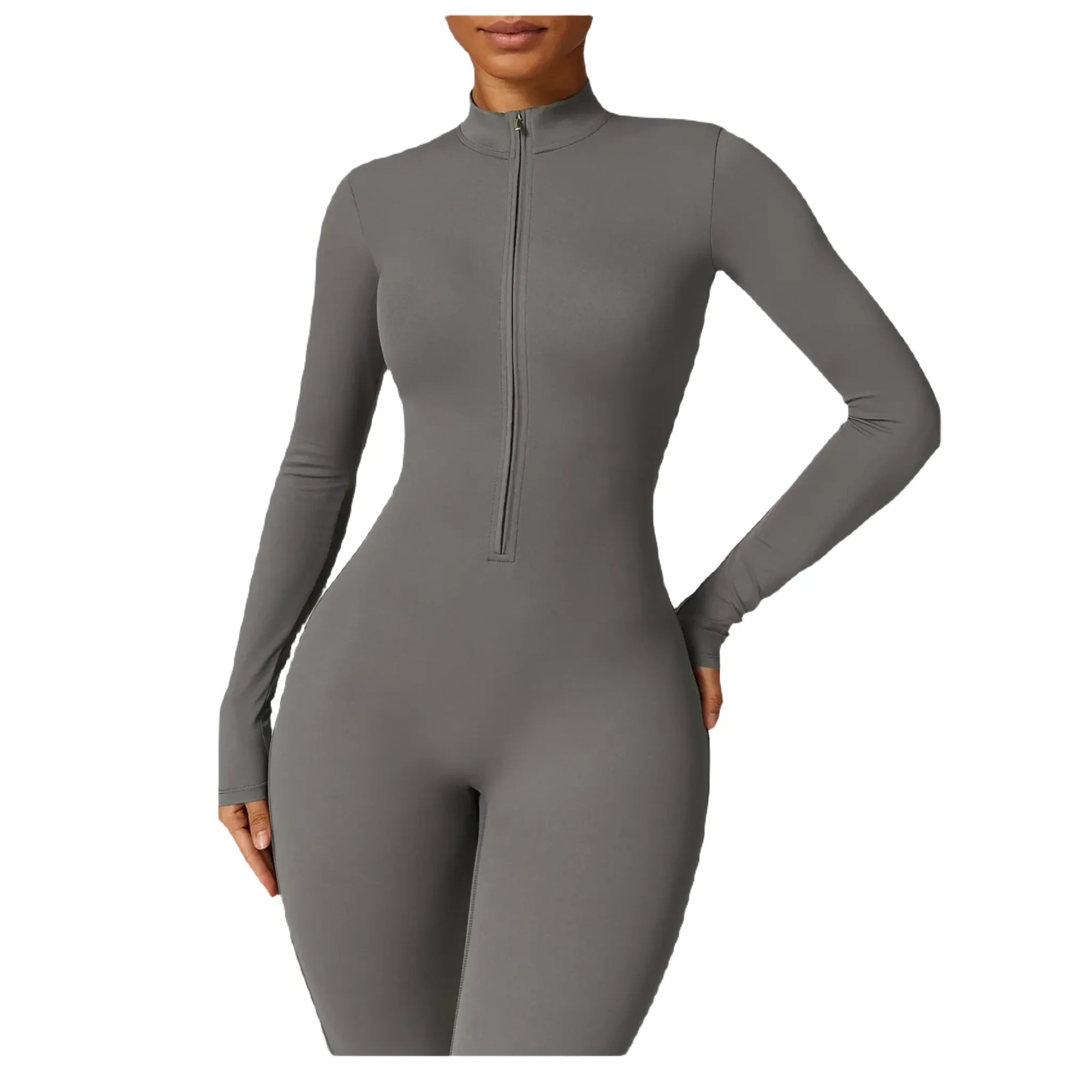 Xooie Fit women's zippered workout jumpsuit in gray with long sleeves and a fitted design