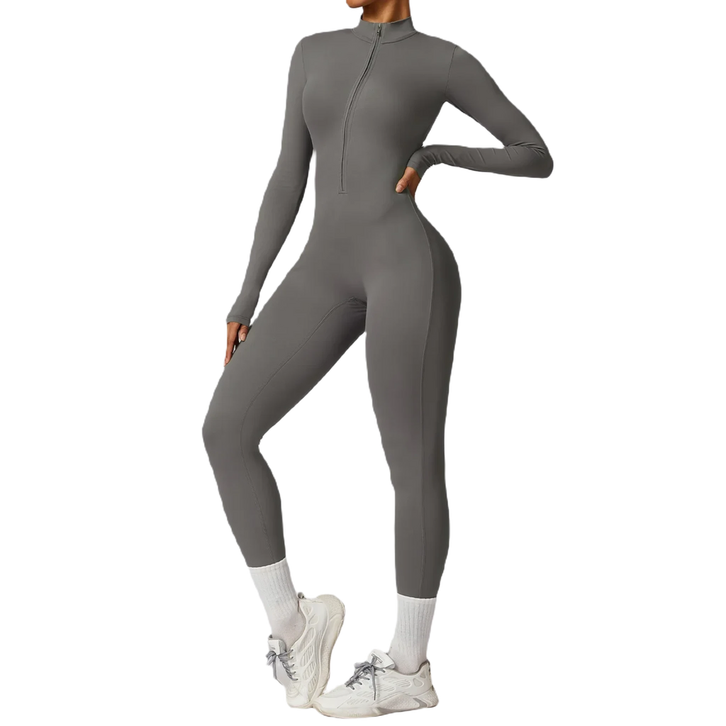 Xooie Fit women's zippered workout jumpsuit in gray, ideal for gym and fitness activities