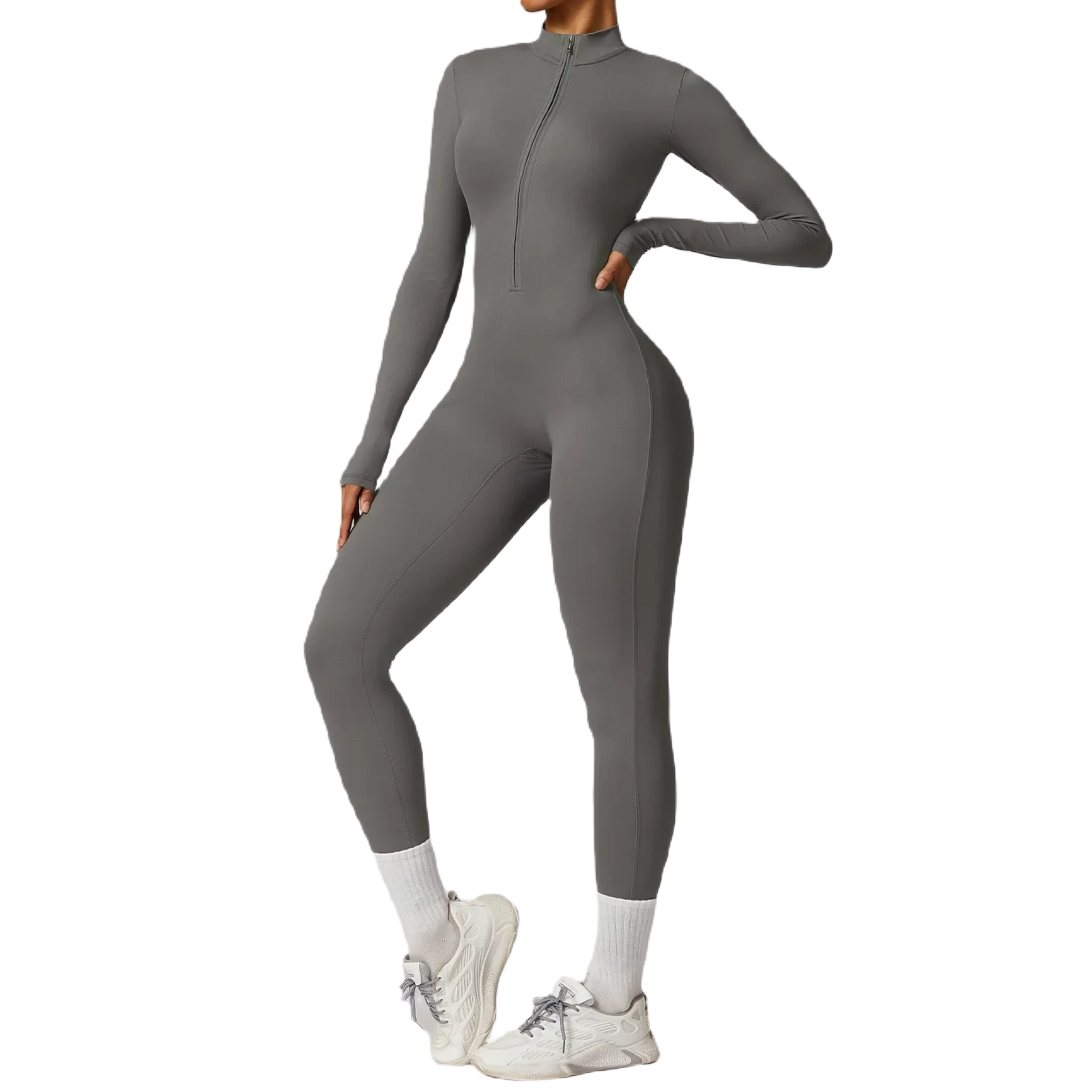 Xooie Fit women's zippered workout jumpsuit in gray, ideal for gym and fitness activities