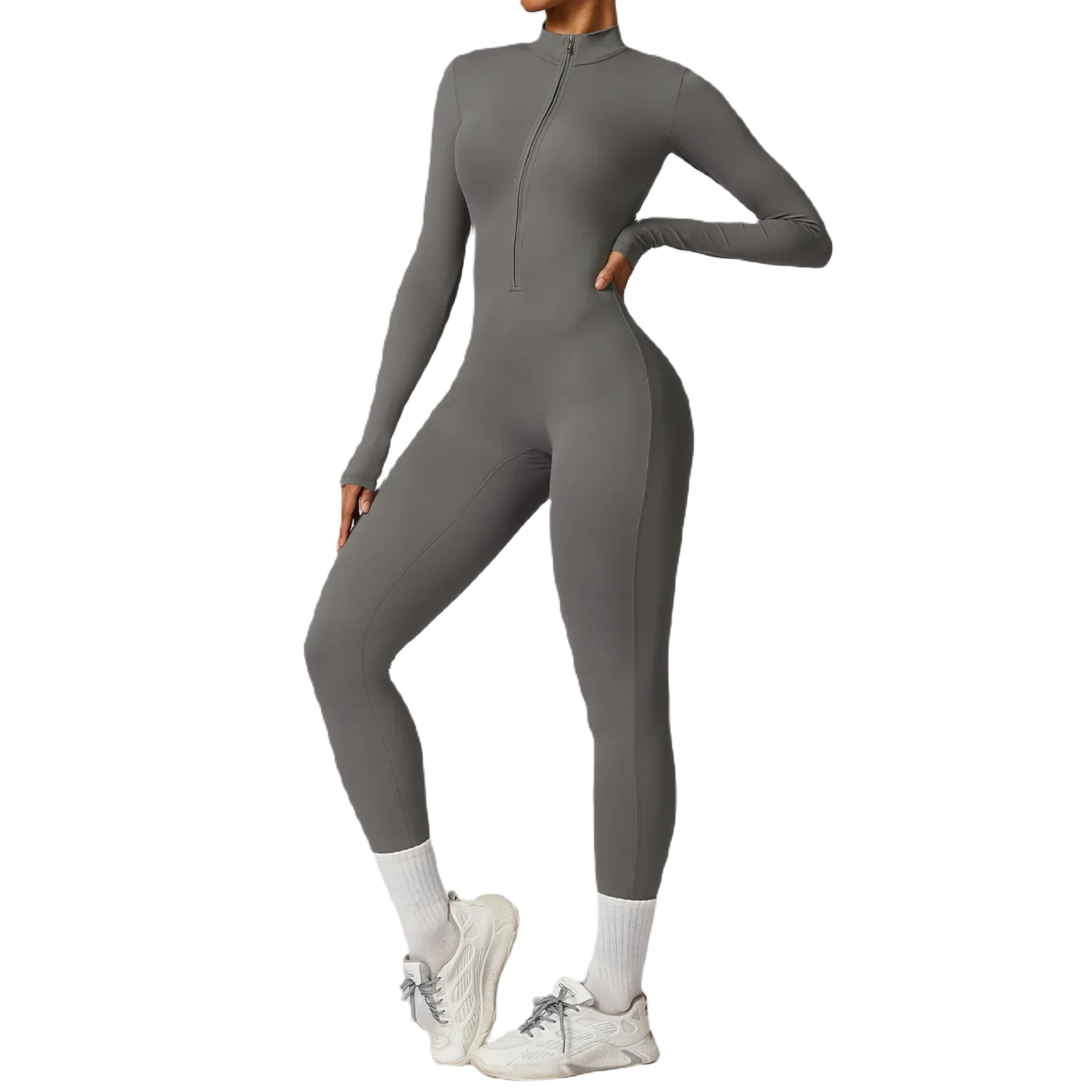 Xooie Fit women's zippered workout jumpsuit in gray, ideal for gym and fitness activities