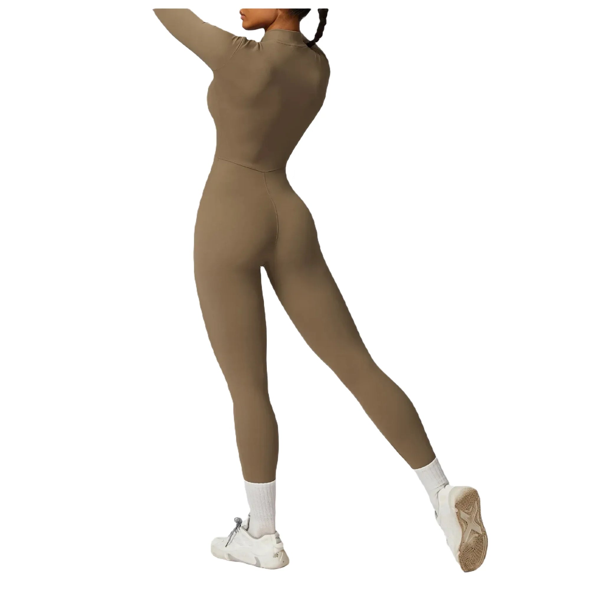 Xooie Fit women's zippered workout jumpsuit in beige for comfort and flexibility during fitness activities