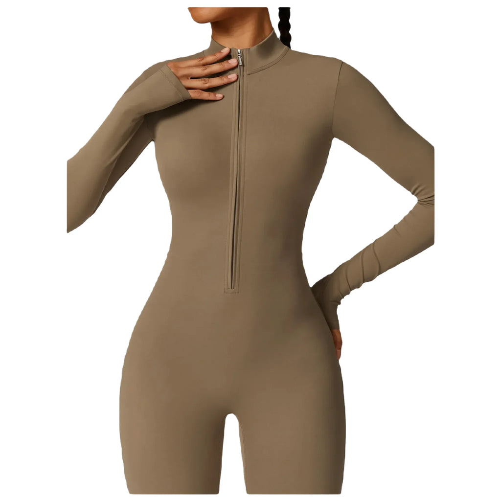 Xooie Fit women's zippered workout jumpsuit in beige with long sleeves and a sleek design