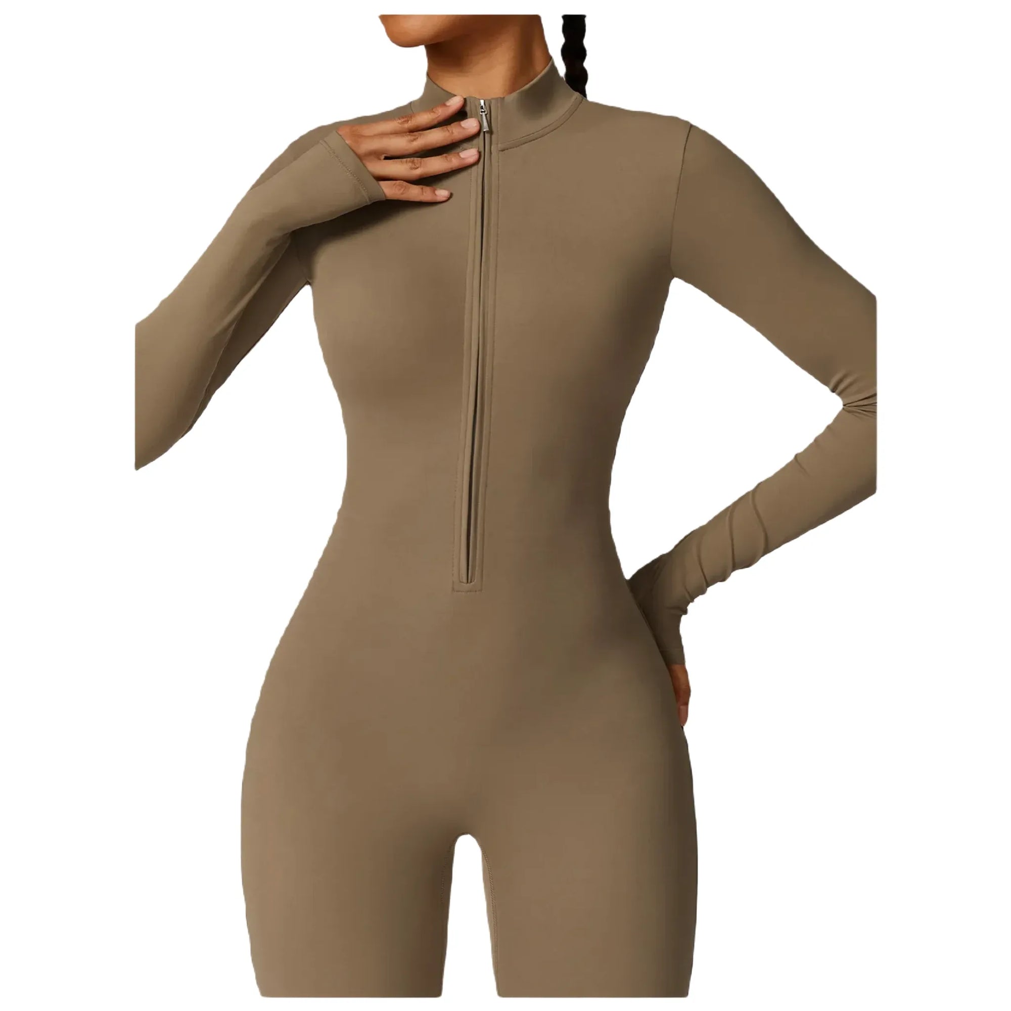 Xooie Fit women's zippered workout jumpsuit in beige with long sleeves and a sleek design