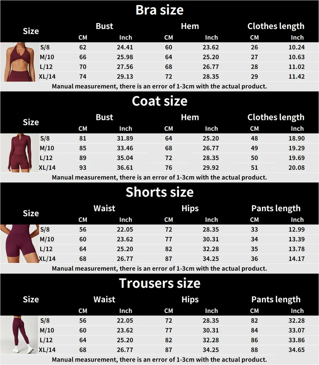 Size chart for bra, coat, and shorts measurements in CM and inches