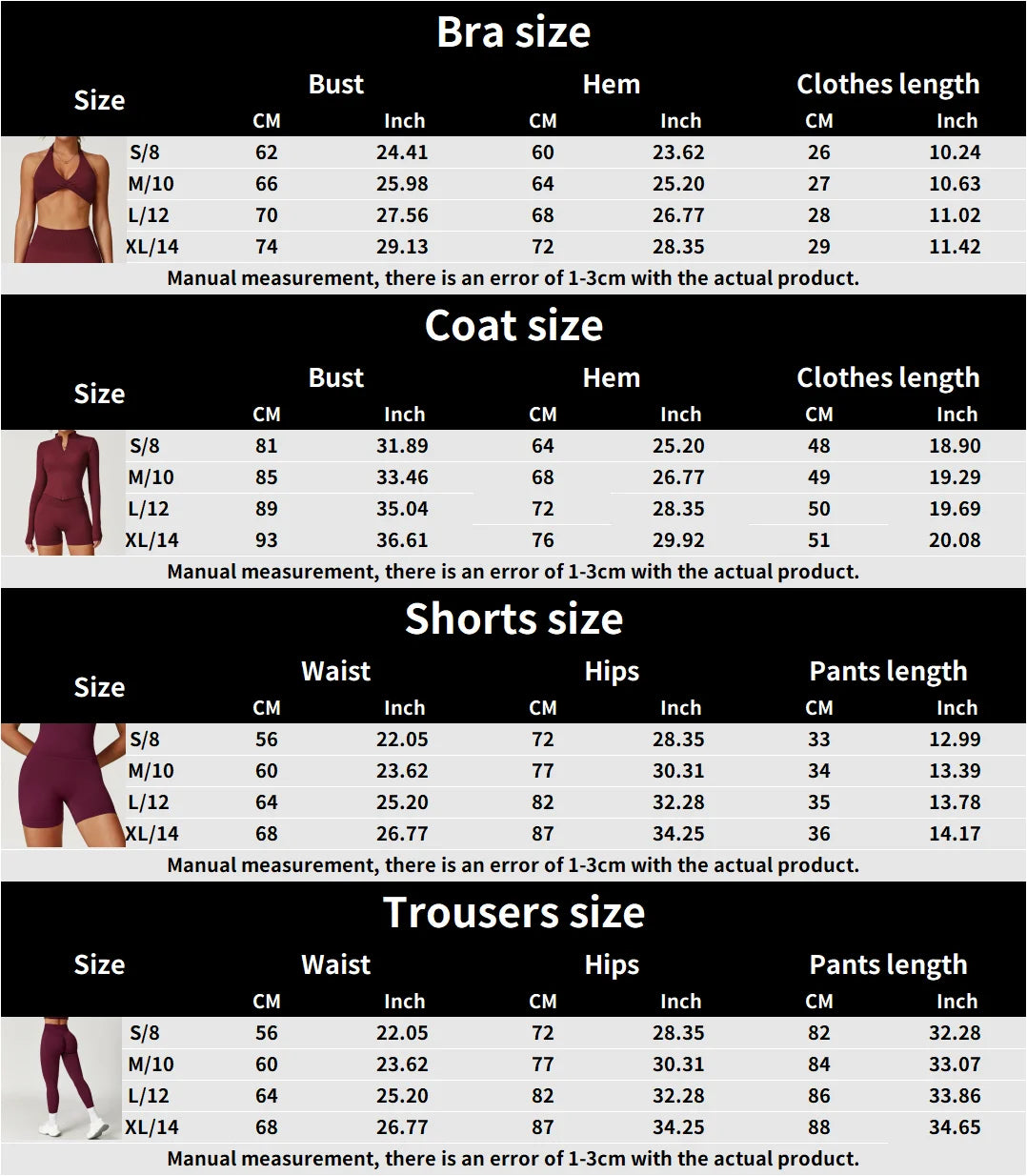 Size chart for bra, coat, and shorts measurements in CM and inches