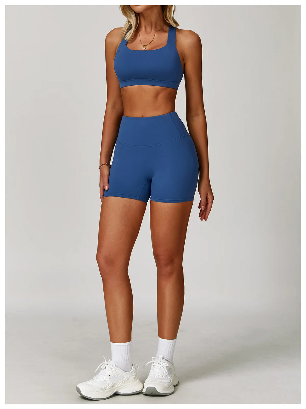 X-back sports bra and shorts set in blue, perfect for workouts and activewear