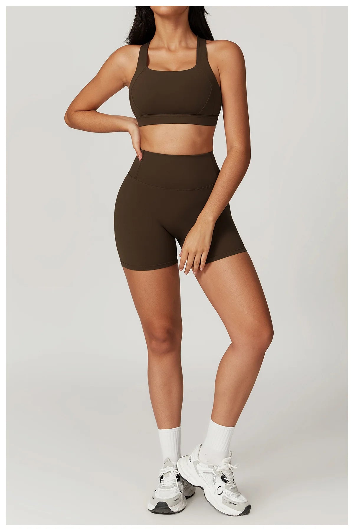 X-back sports bra and shorts set by Xooie Fit in olive green for stylish workout outfits