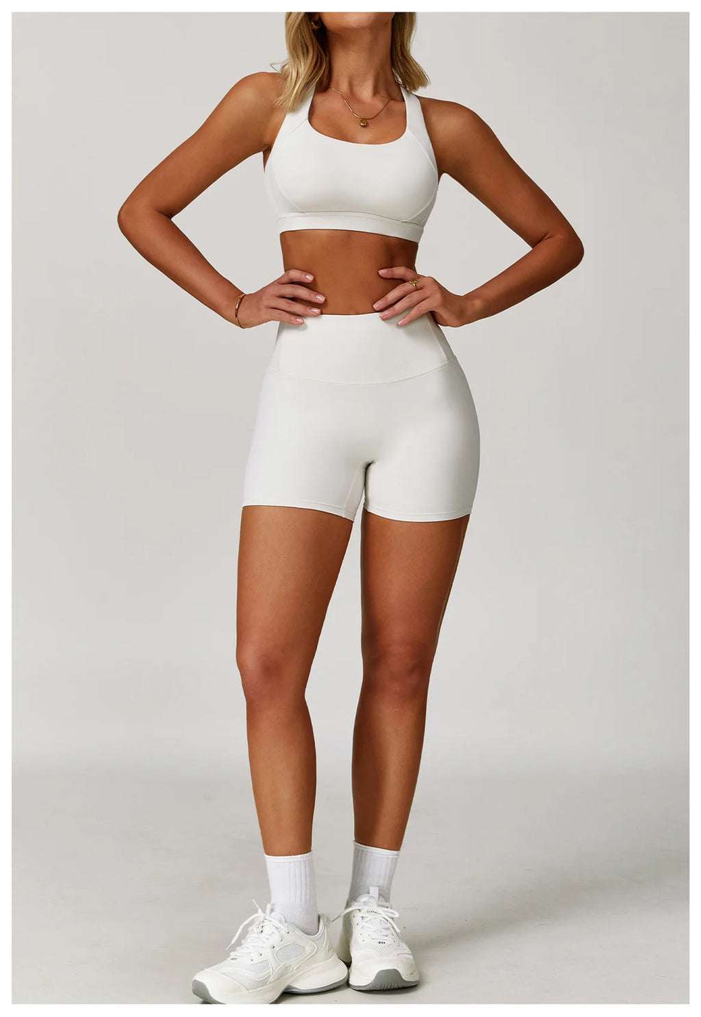 X-back sports bra and shorts set in white for stylish and comfortable workouts