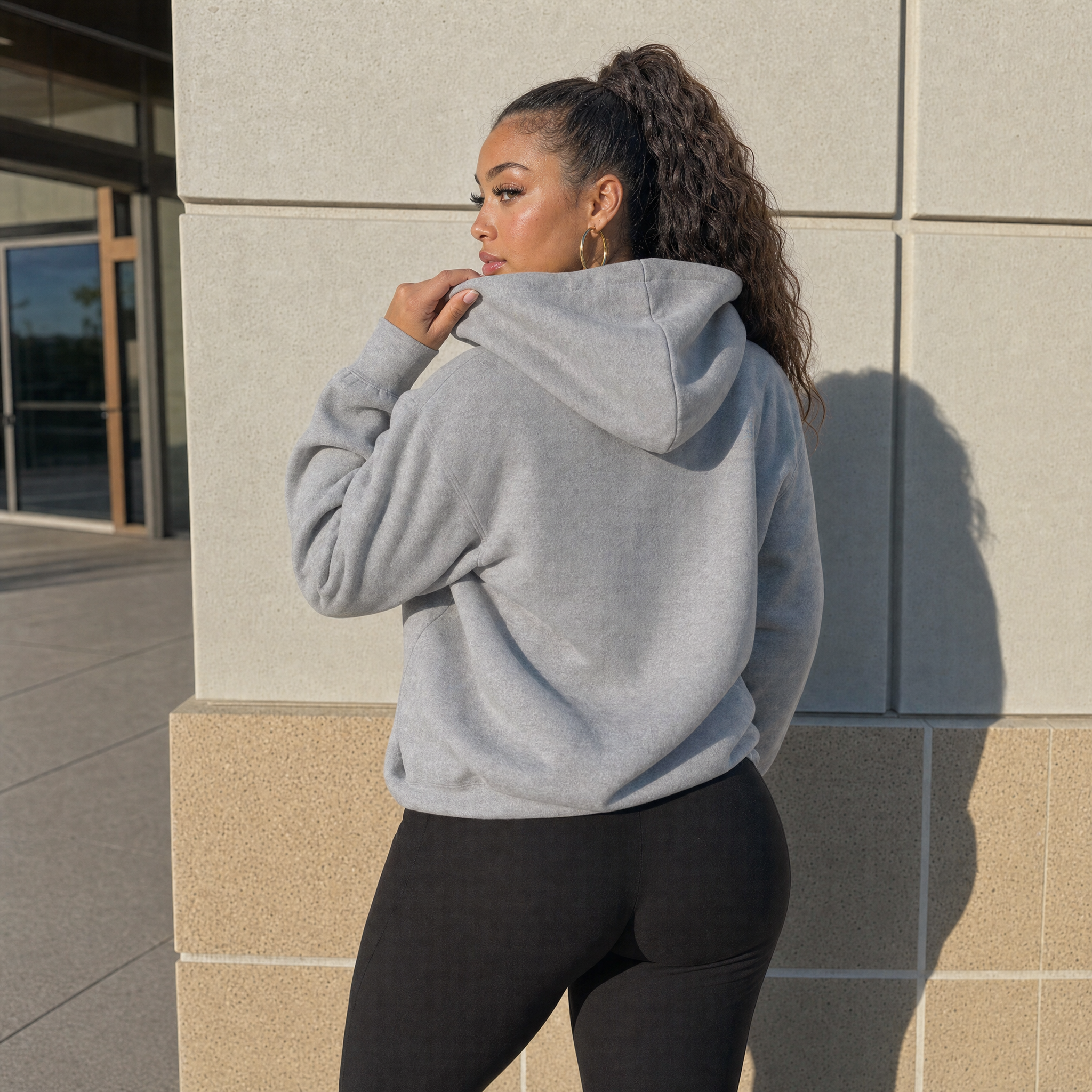 Light gray full-zip hoodie, hooded back view with kangaroo pocket