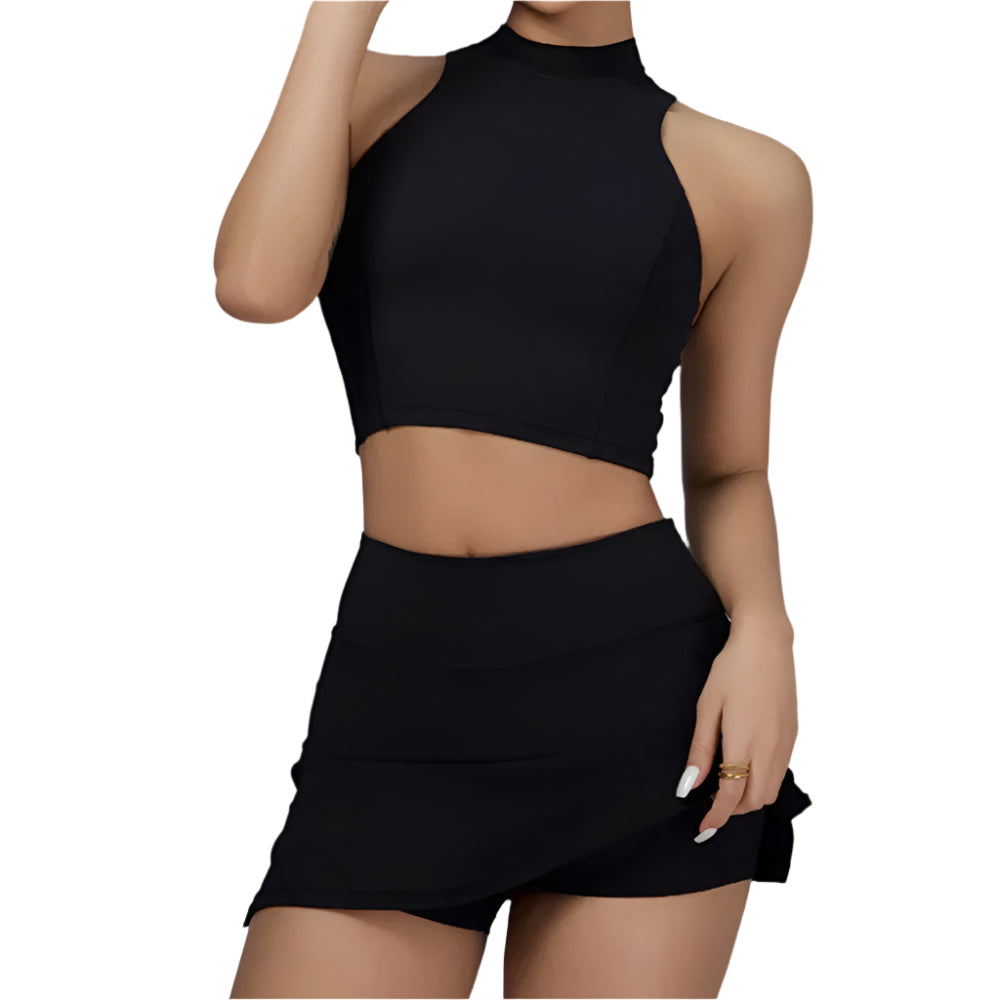 Xooie Fit black vest crop top and skort set with high neck sleeveless crop top and fitted skort