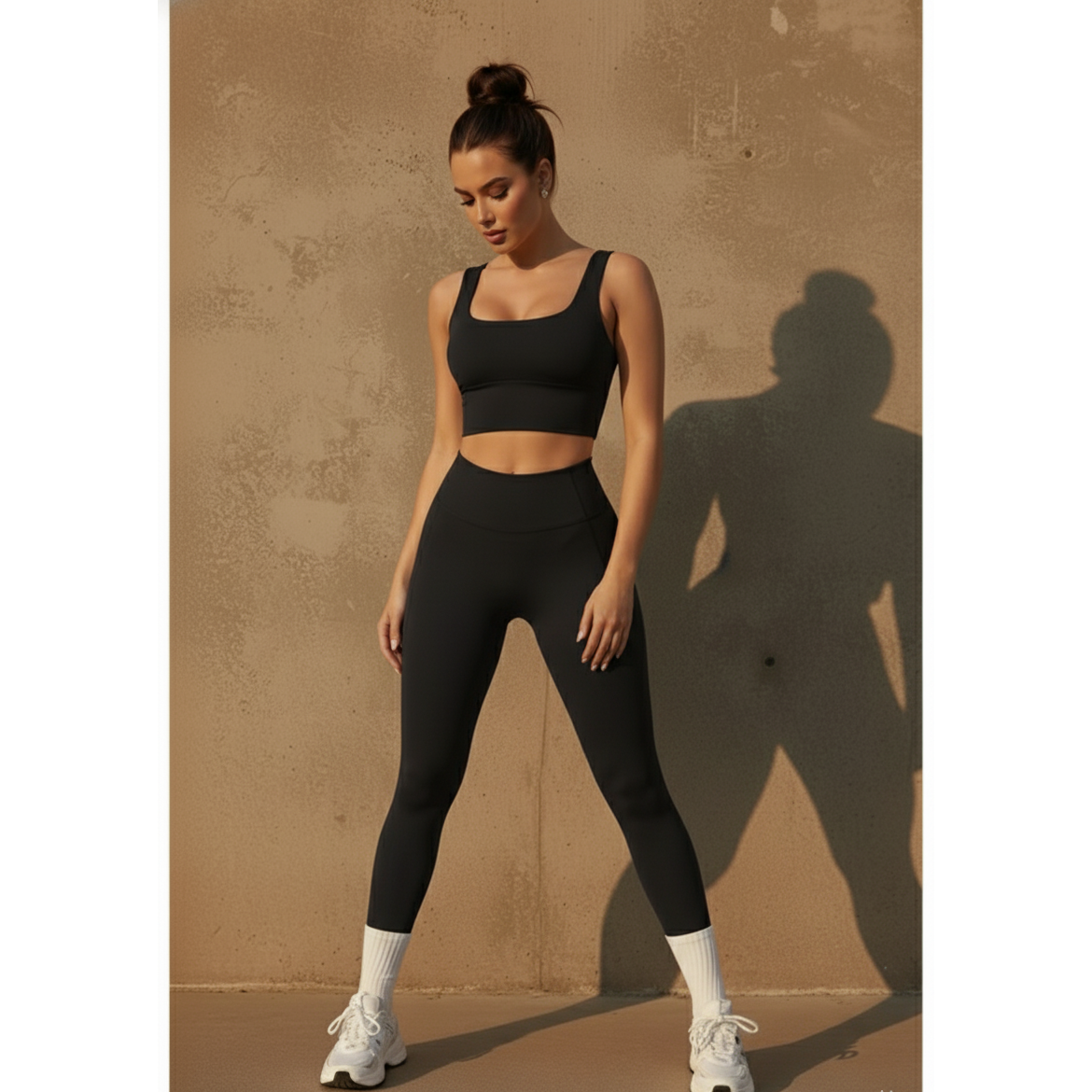 Woman wearing a black athletic outfit standing against a beige wall.