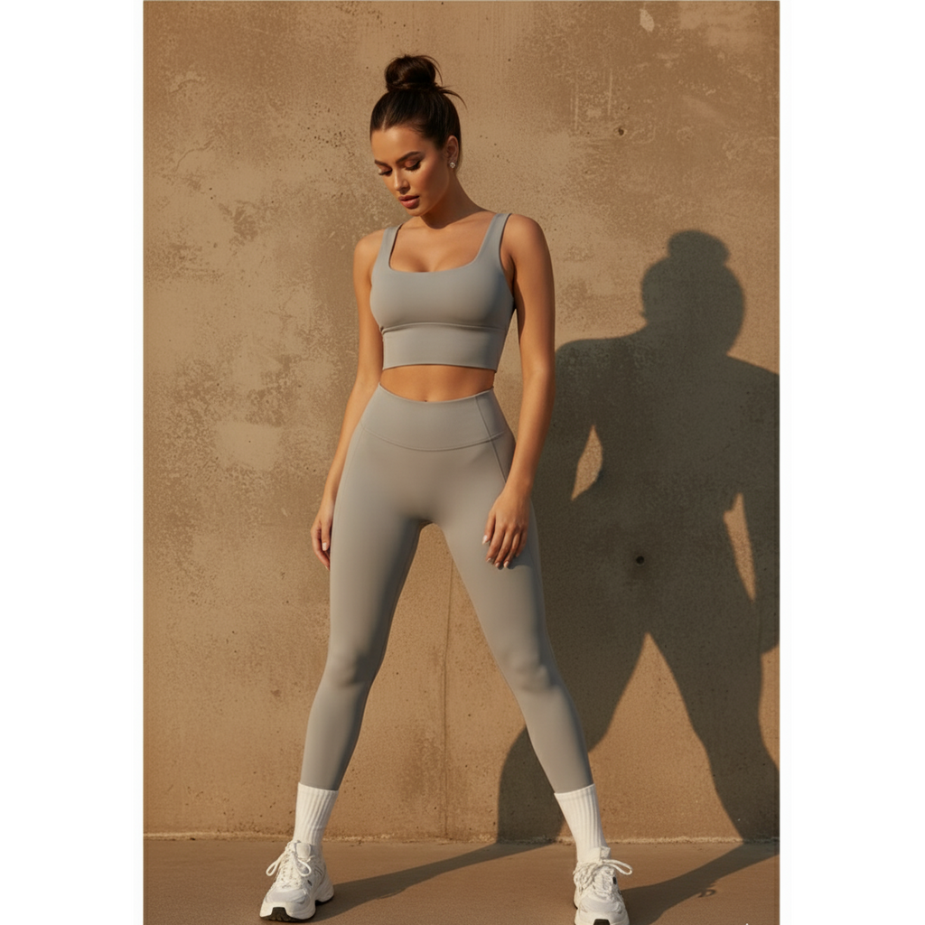 Woman wearing a gray athletic outfit standing against a brown wall.