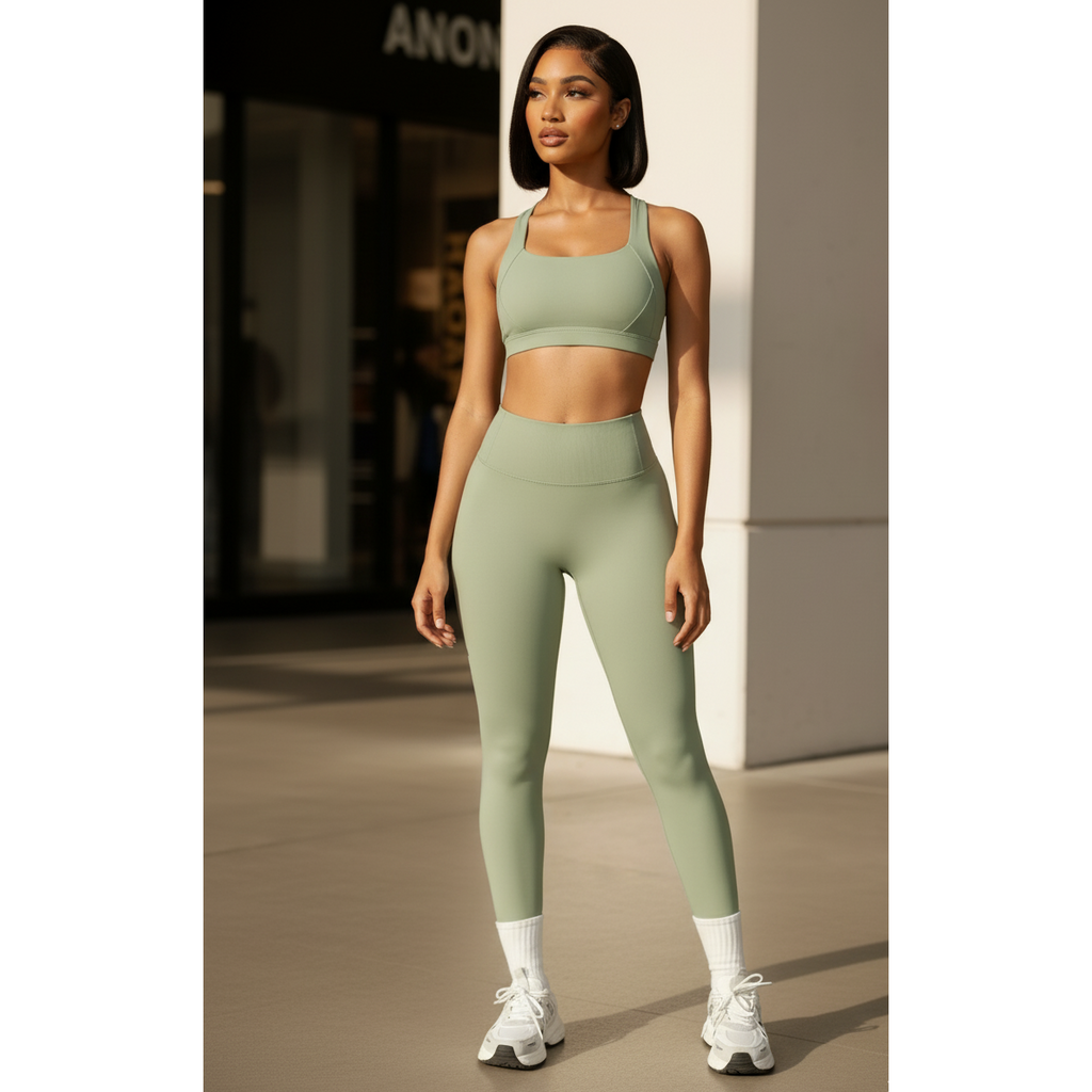 Woman wearing a green athletic outfit standing outdoors.