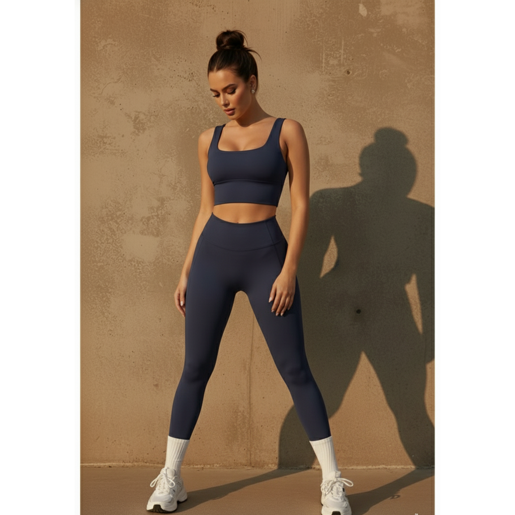 Woman wearing a navy sports bra and leggings set against a beige wall.