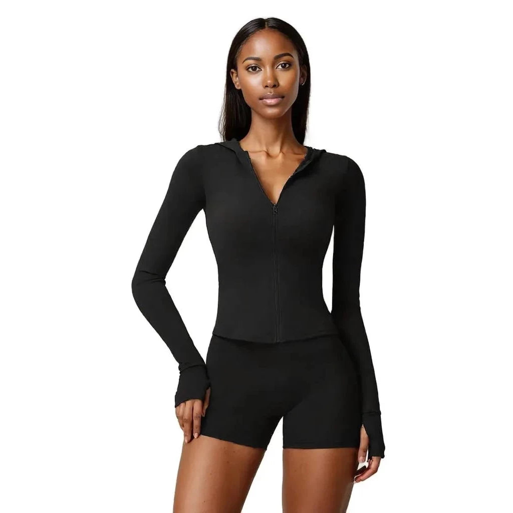 Xooie Fit Women's Athletic Set in Black Featuring Long Sleeve Zip Hoodie and Shorts