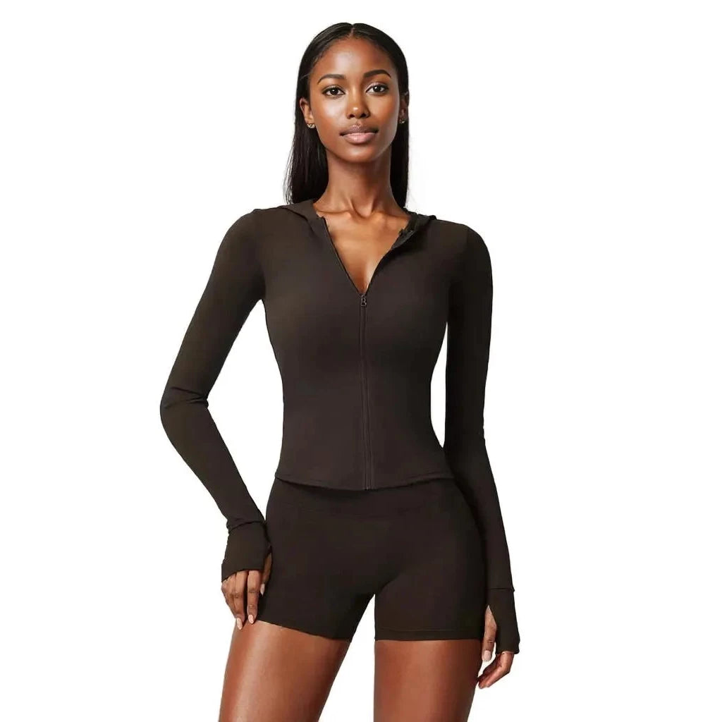 Xooie Fit women's athletic set in dark brown featuring a zip-up long sleeve top and matching shorts