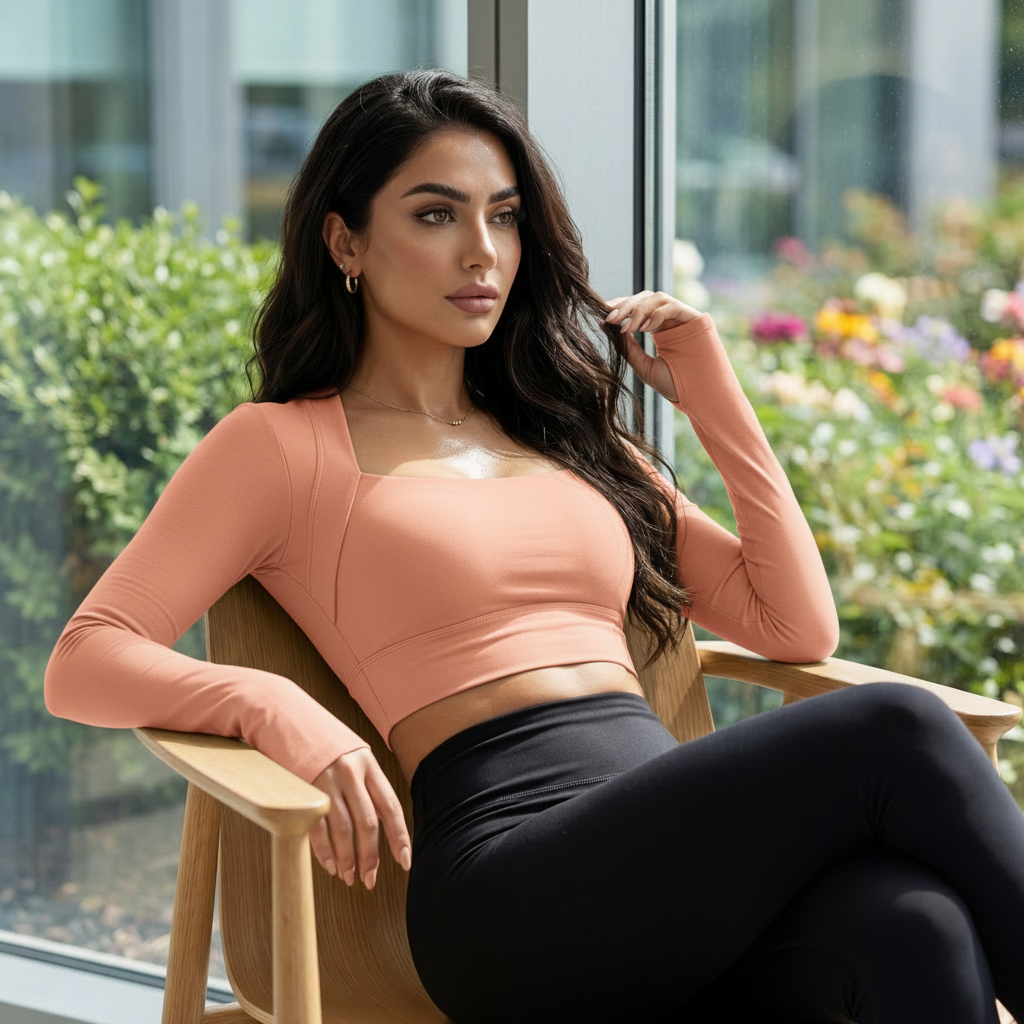 Xooie Fit women's fitted activewear top in peach color, perfect for workouts and casual wear