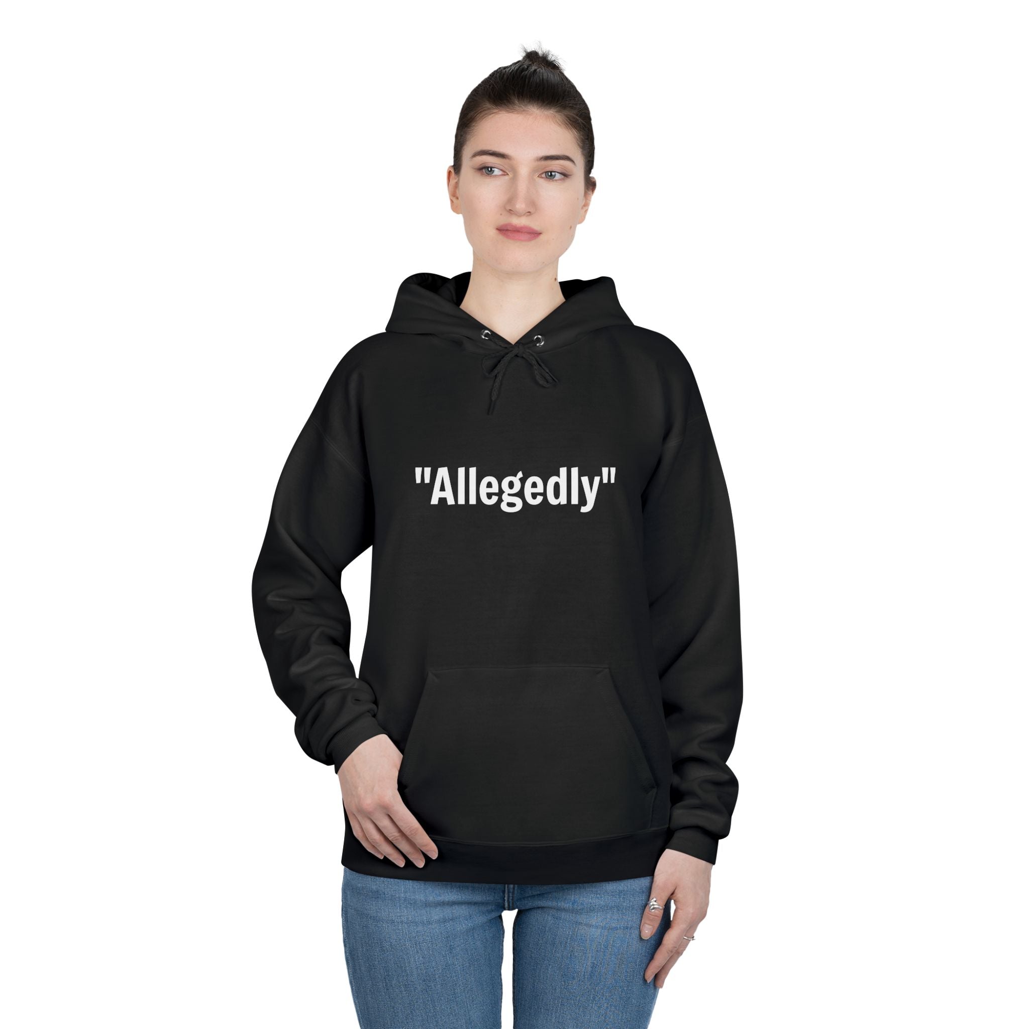 Black fleece-lined pullover hoodie on model with “Allegedly” quote graphic