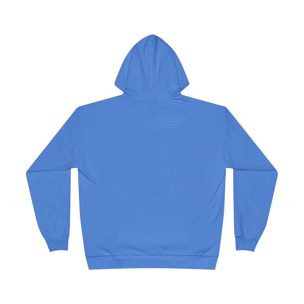 Blue fleece-lined pullover hoodie, back view with hood and no visible graphic