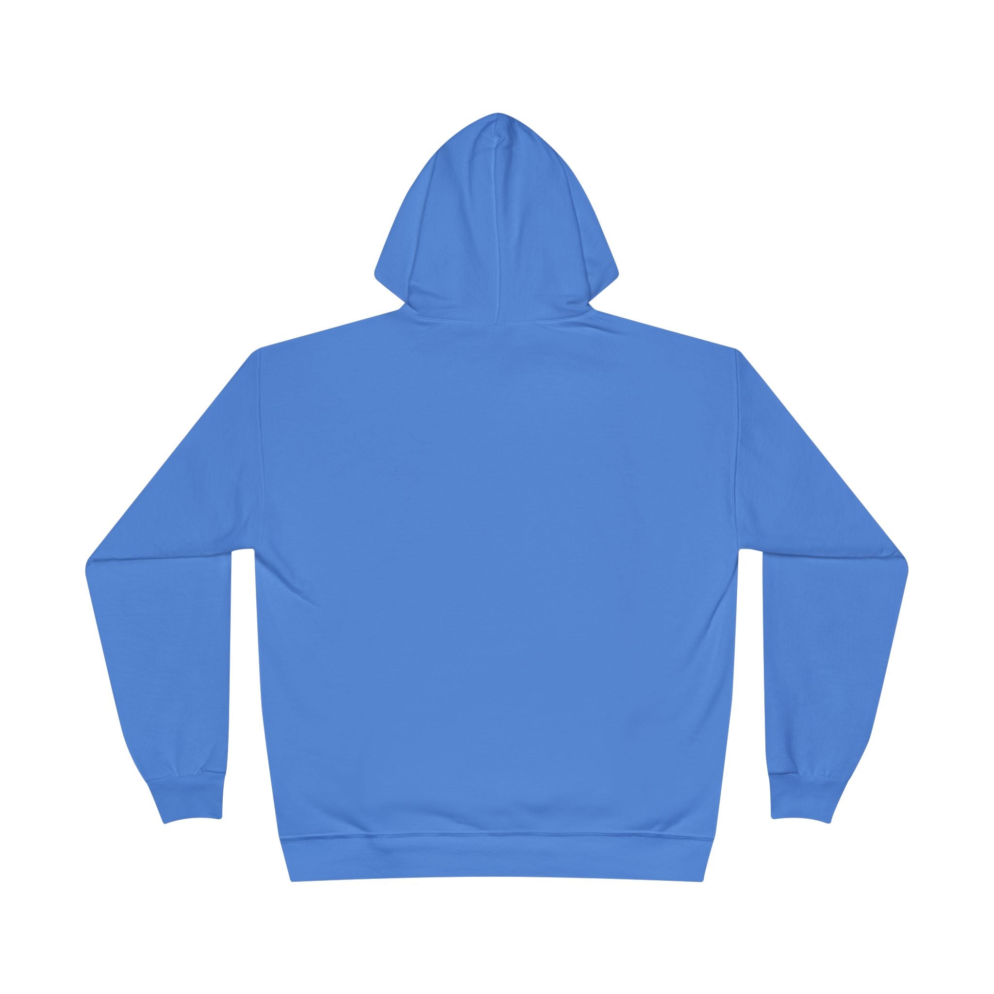 Blue fleece-lined pullover hoodie, back view with hood and no visible graphic