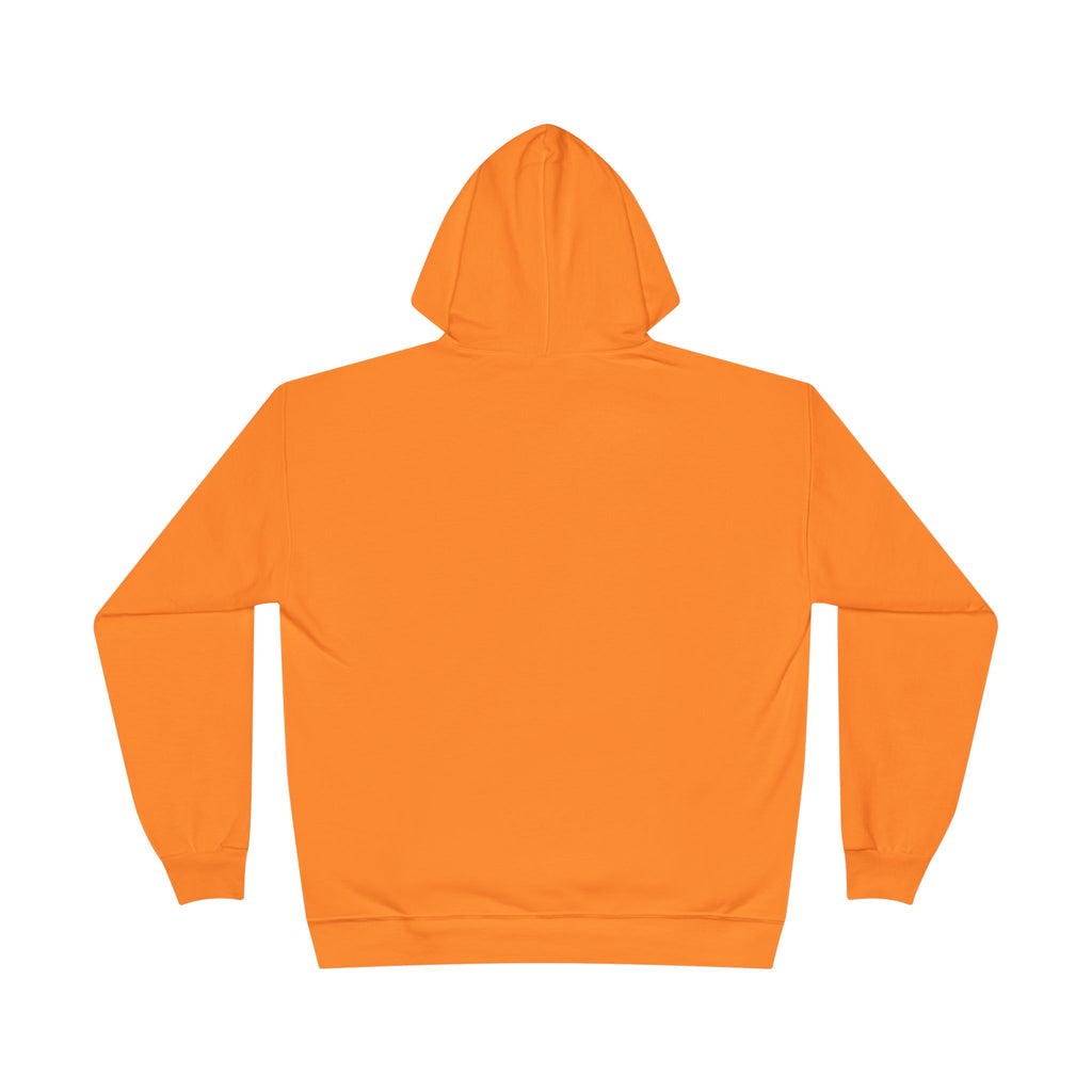 Orange fleece-lined pullover hoodie, back view with hood and no visible graphic