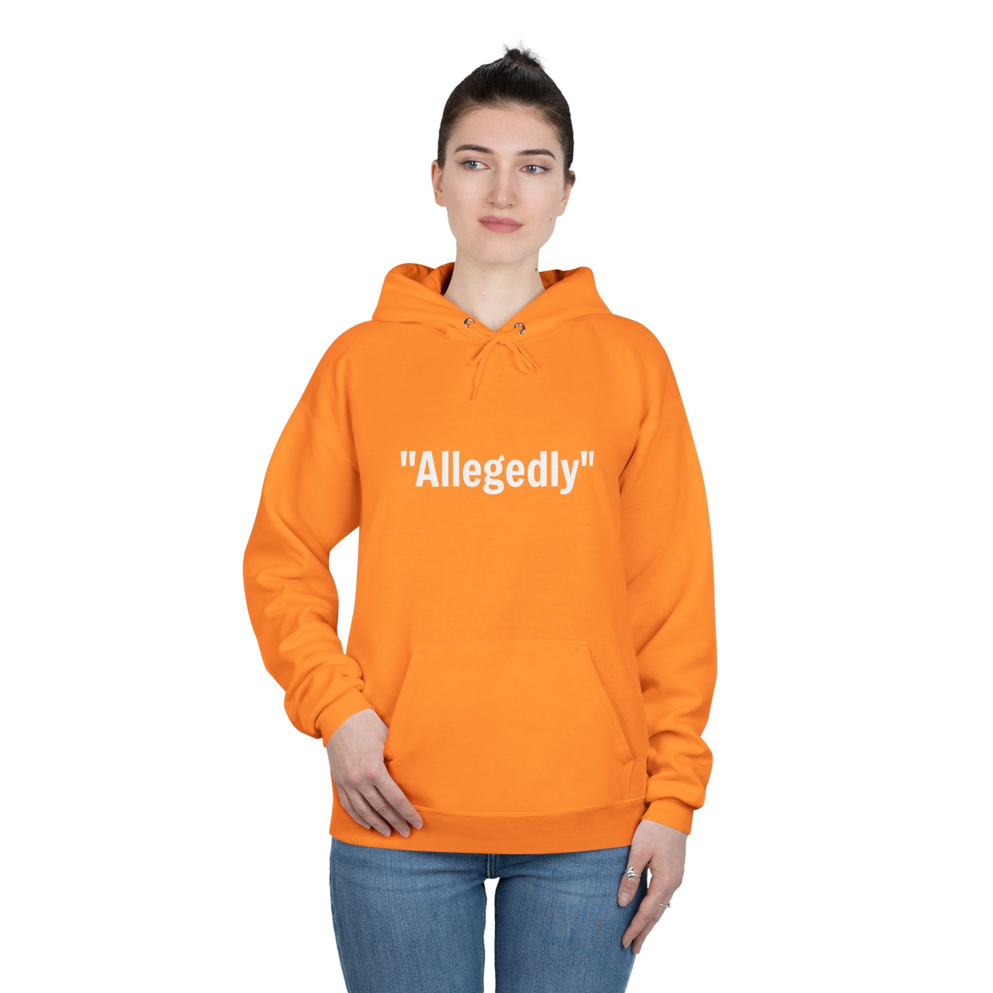Orange fleece-lined pullover hoodie with "Allegedly" quote print, front view