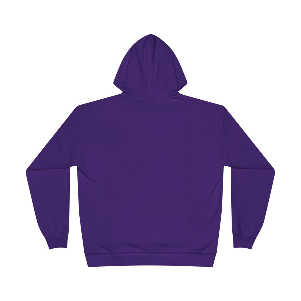Royal purple fleece-lined pullover hoodie, back view with hood and ribbed cuffs