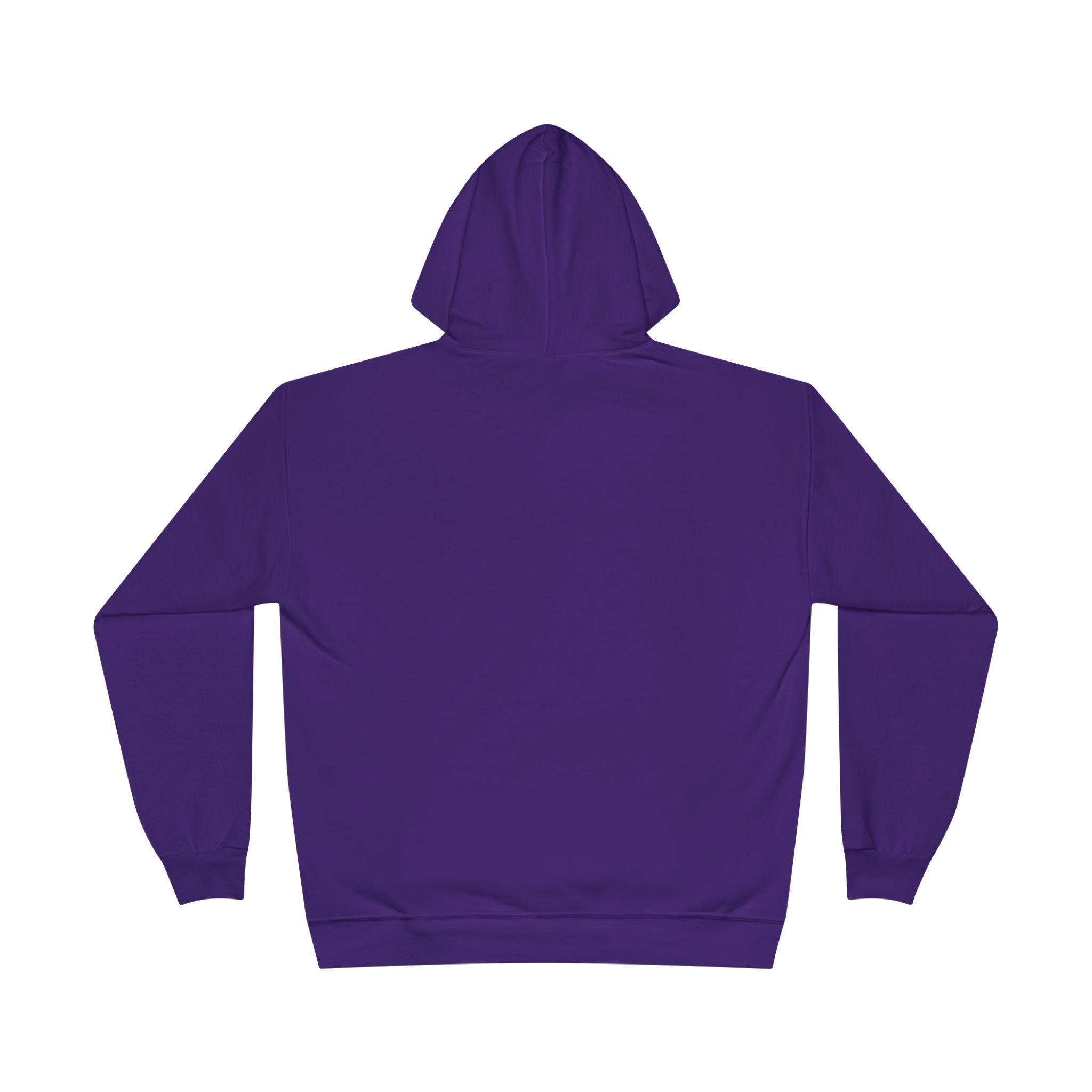 Royal purple fleece-lined pullover hoodie, back view with hood and ribbed cuffs