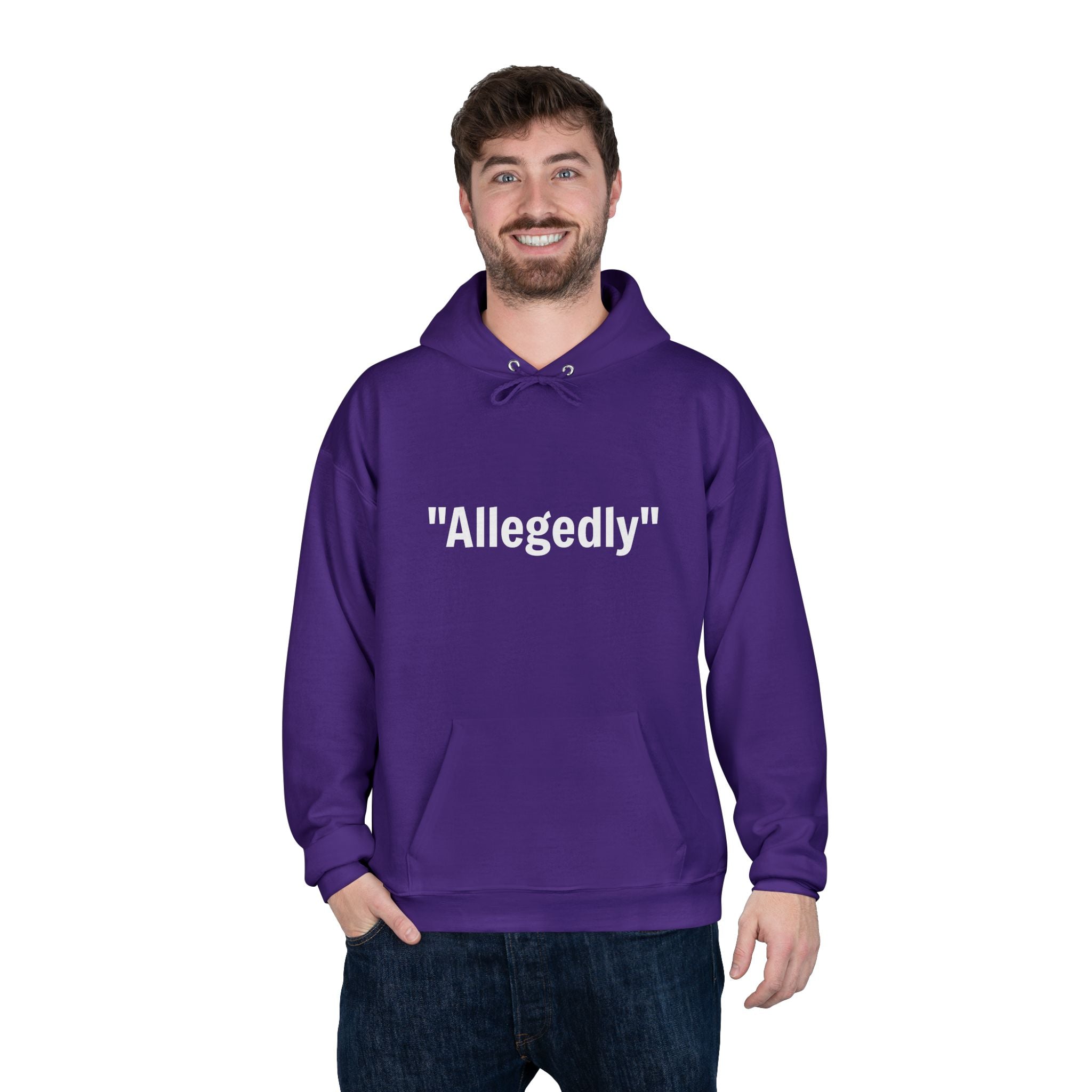 Purple fleece-lined hoodie with white "Allegedly" quote graphic on front, kangaroo pocket