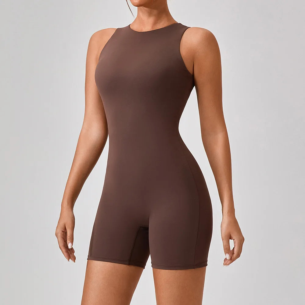 Zipper Active Romper, Hauncha Brown, Frontansicht, ärmellos, kurze Beine