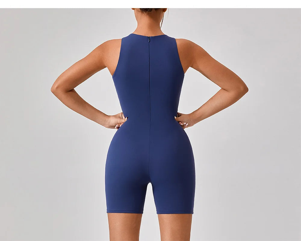 Zipper Active Romper, Royalblau, Rückansicht, ärmellos, kurzer Einteiler mit Mittelnaht