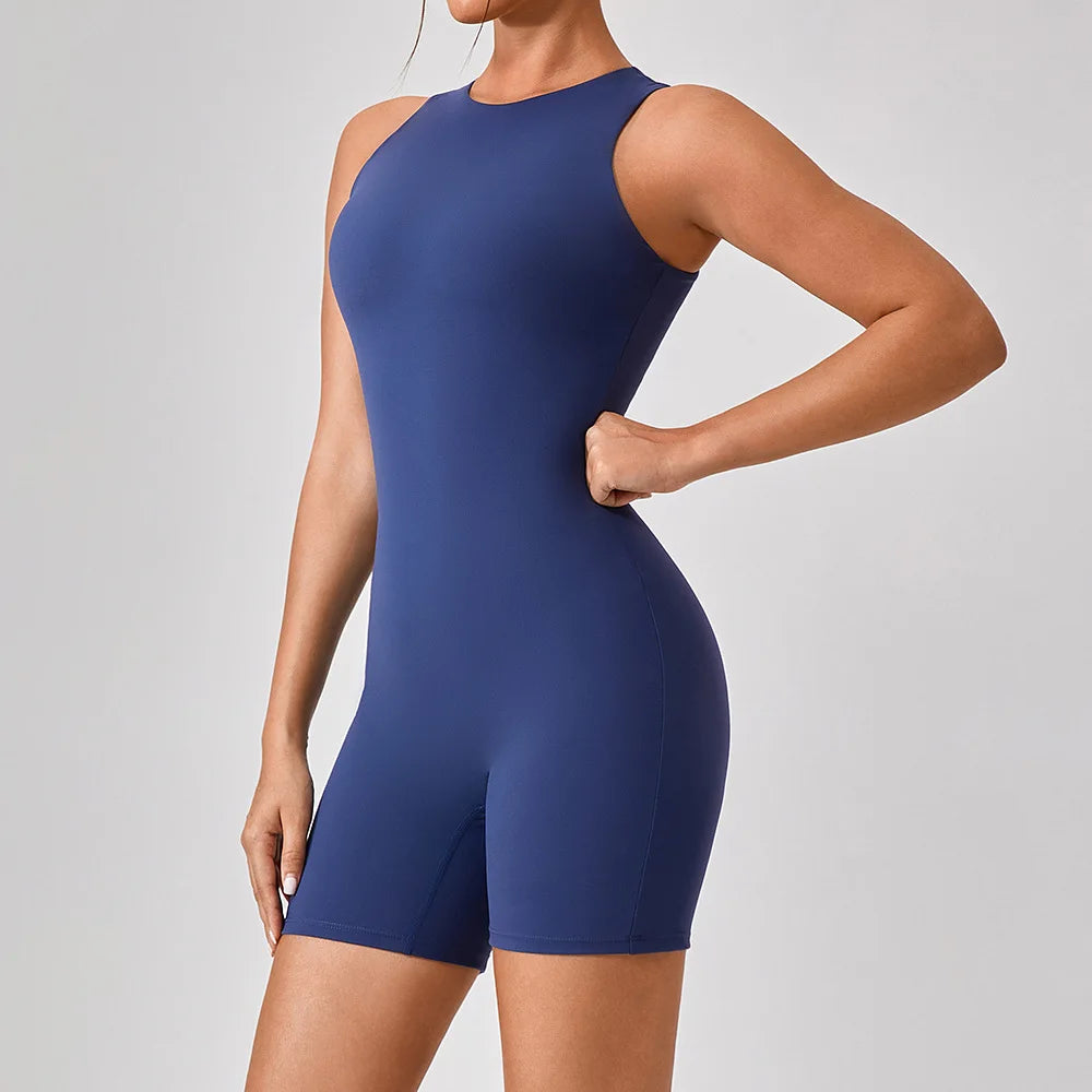 Royal Blue active romper, sleeveless high neck, fitted biker shorts