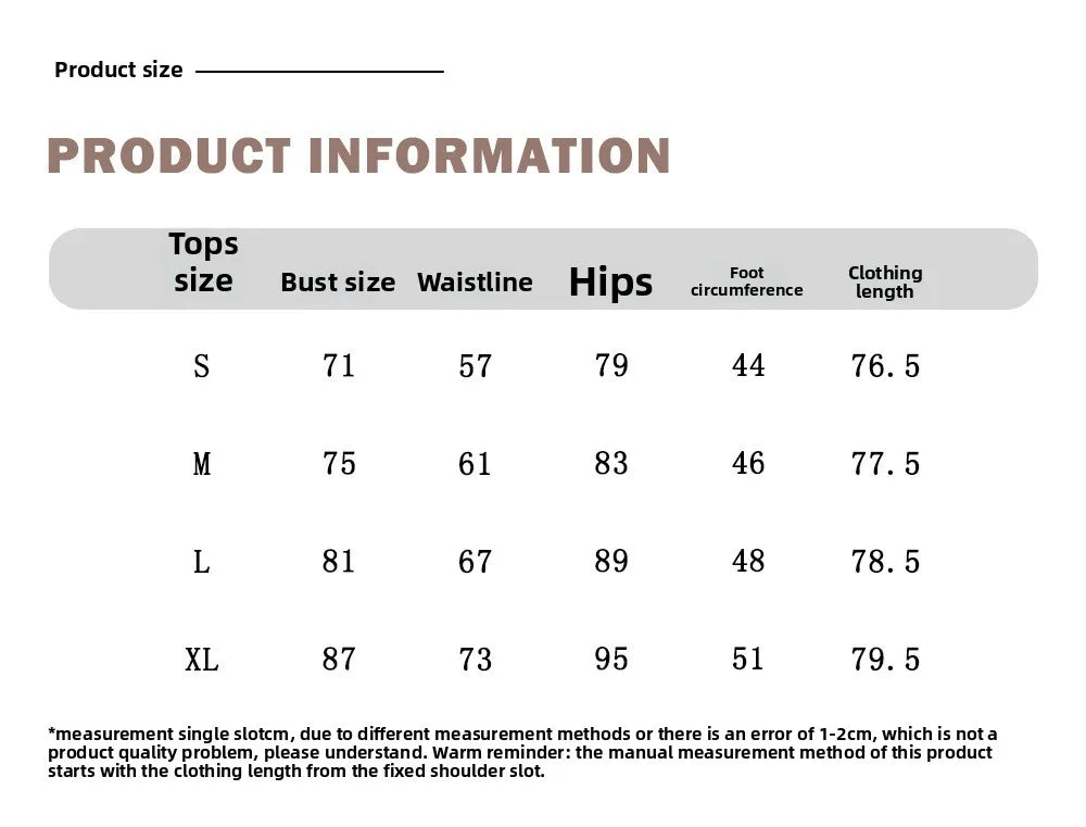 Size chart: bust, waistline, hips, foot circumference, clothing length for S–XL