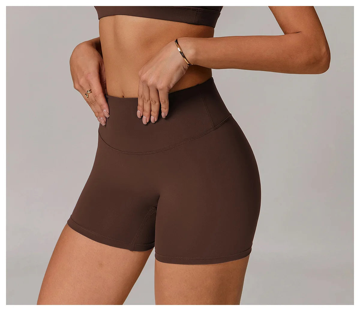 Xooie Fit brown women's active shorts with high waistband for comfortable workout wear