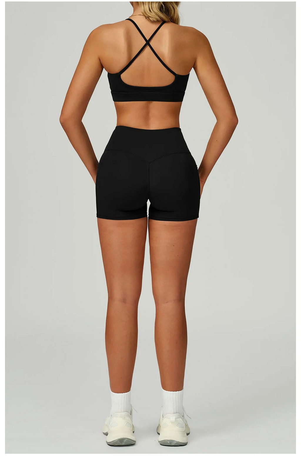 Black X-back bralette and shorts set, crisscross racer back straps
