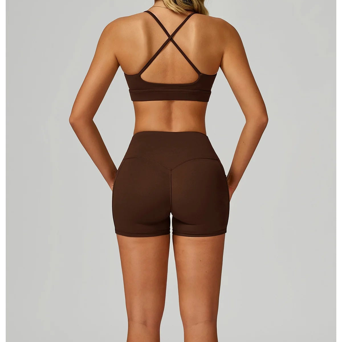 Back view of chocolate brown X-back bralette and matching shorts