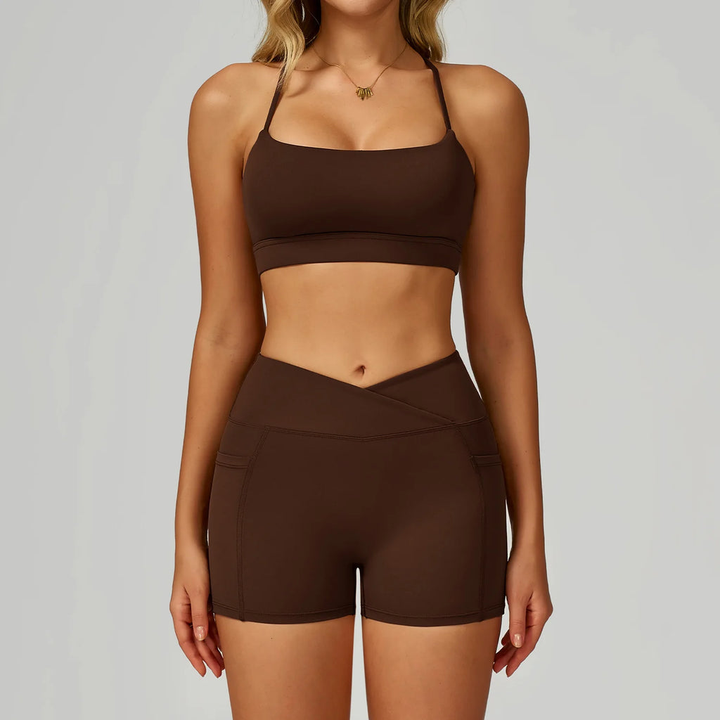 Chocolate brown bralette and shorts set close-up, with fitted pocket seams
