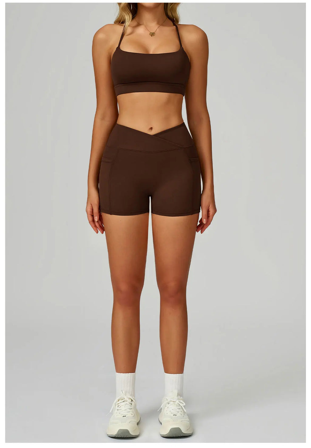 Chocolate brown X-back bralette and matching shorts set
